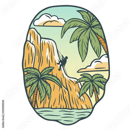 Professional climber descending a steep rock face in a tropical paradise at sunset, surrounded by lush palm trees and a tranquil ocean, showcasing the adventurous spirit of extreme sports in nature