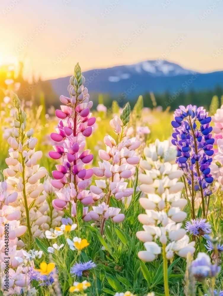 Fototapeta premium Vibrant meadow of pink, purple, and white lupine flowers in full bloom under the golden sunset, surrounded by wildflowers and a mountain landscape, nature beauty concept