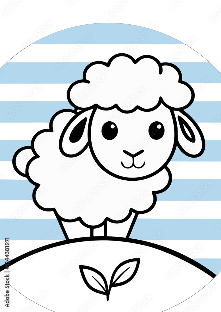 Black and white illustration of a cute lamb walking on a hill next to a flower. Black and white illustration of a cute lamb walking on a hill next to a flower.