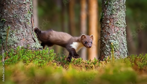 Agile Stone Marten Forest Predator Soaring Across Spruce Trunks, Amidst the Mossy Green Canopy of a European Forest Floor, a Moment of Wild Beauty and Grace.