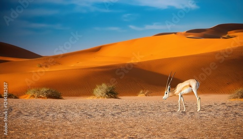 Enchanting Moment of an Arabian Sand Gazelle Grazing amidst the Al Marmoom Conservation Desert at Sunset near Al Qudra Lakes on January, A Spectacular Sight Filled with Tranquil Serenity and the photo