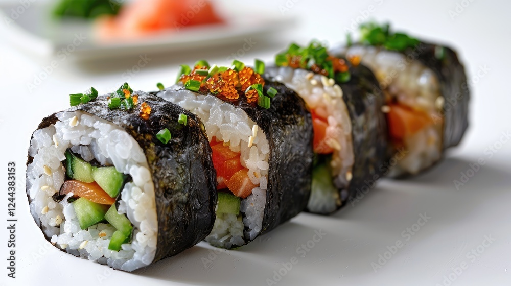 Side view of a vibrant sushi arranged in rows, showcasing an array of colorful rolls