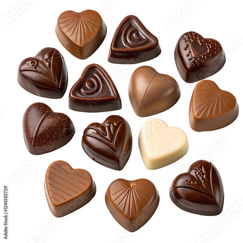 An assortment of heart-shaped chocolates in various colors and designs. Isolated on a transparent background, PNG. Generative Ai.