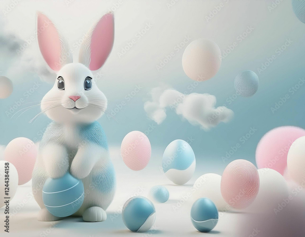 Easter Bunny with Pastel Eggs on Cloud-like Background, Space for text Easter Bunny with Pastel Eggs on Cloud-like Background, Space for text