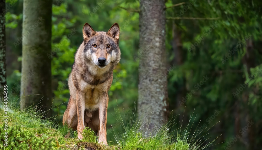 Vigilant Eurasian Wolf Stands Guard in Summer Forest A Captivating Encounter between Man and Natures Majesty, Embracing the Energy of the Early Morning Wilderness. Vigilant Eurasian Wolf Stands Guard in Summer Forest A Captivating Encounter between Man and Natures Majesty, Embracing the Energy of the Early Morning Wilderness.