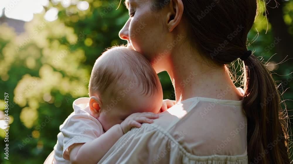 Warm sunlight illuminates a peaceful scene of a mother holding her sleeping baby, creating a tender moment of love and connection in slow motion Warm sunlight illuminates a peaceful scene of a mother holding her sleeping baby, creating a tender moment of love and connection in slow motion