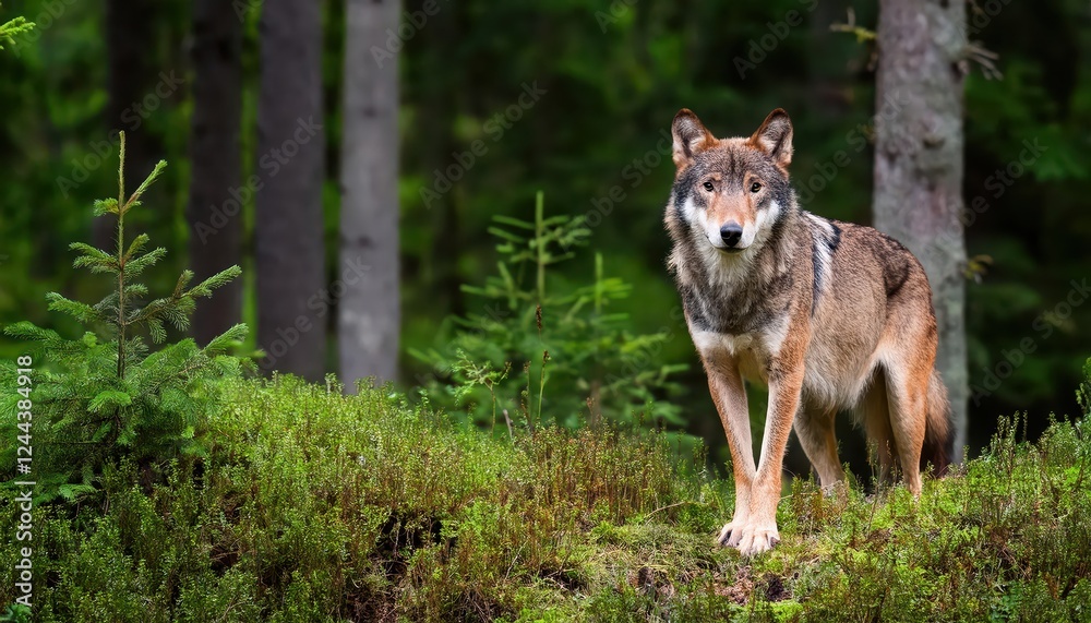 Vigilant Eurasian Wolf on a Forest Edge Majestic Canis Lupus Stares Directly into the Camera in a Lush Summer Forest, Capturing the Essence of Wildlife and Nature in a Serene Mood. Vigilant Eurasian Wolf on a Forest Edge Majestic Canis Lupus Stares Directly into the Camera in a Lush Summer Forest, Capturing the Essence of Wildlife and Nature in a Serene Mood.