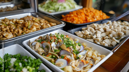 Japanese cuisine restaurant food banners. Fried mushrooms, stewed onions and filipino clams, salt-fried fish, turnip and daikon salad, burdock root, nikomi udon and mashed yams, fried tofu vector photo