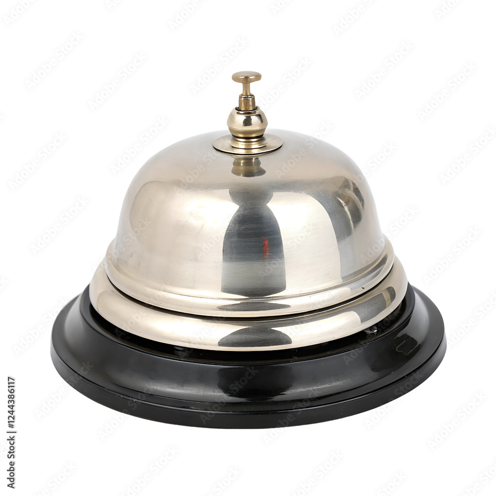 A polished silver service bell with a black base. Isolated on a transparent background, PNG. A polished silver service bell with a black base. Isolated on a transparent background, PNG.
