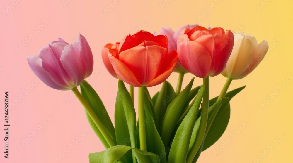 A close-up of a vibrant bouquet of tulips in various colors A close-up of a vibrant bouquet of tulips in various colors