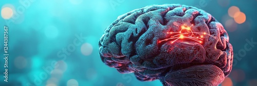 The human brain in 3D, neuroscience, stock market, a glowing network, technological advancements, and scientific discoveries