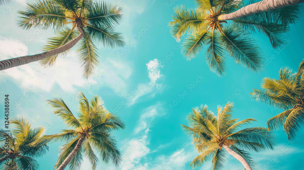 Fototapeta premium Stunning top-view shot of lush palm trees reaching toward a clear blue sky, capturing minimalistic summer vibes. Perfect for an Instagram story, evoking relaxation and tropical warmth.