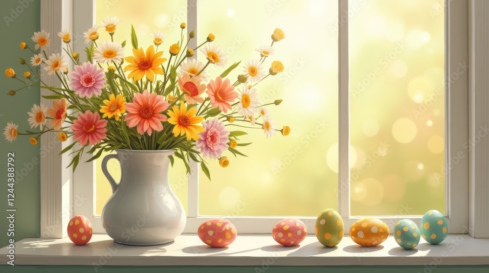 custom made wallpaper toronto digitalIllustration of Vase with flowers with spotted Easter eggs on windowsill. 