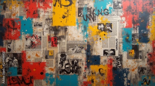 colorful grunge background composed of vibrant newspaper and magazine clippings layered with graffiti creating an energetic urbaninspired art piece filled with texture and visual intrigue 