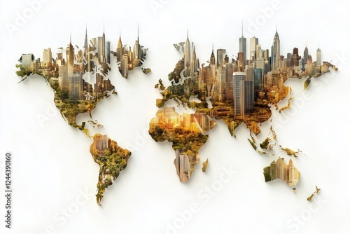 map of the world made of many big buildings skyscrapers on white background, the globe is one big global vivid organism, overpopulation