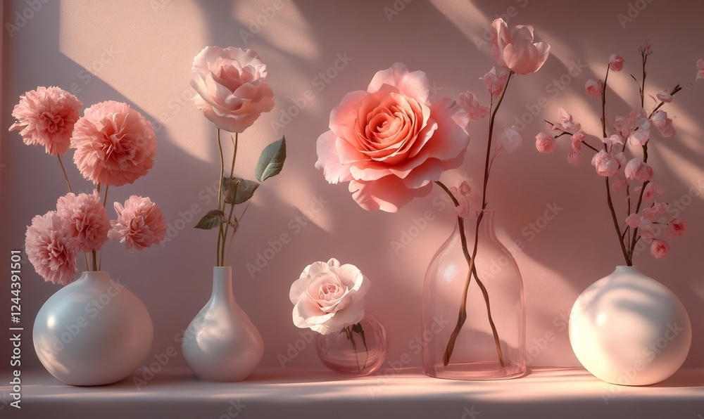 Pink flowers in vases sit on a shelf in front of a pink wall with sunlight creating shadows Pink flowers in vases sit on a shelf in front of a pink wall with sunlight creating shadows