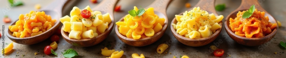 Wooden spoons overflowing with diverse pasta shapes , variety, ingredients Wooden spoons overflowing with diverse pasta shapes , variety, ingredients