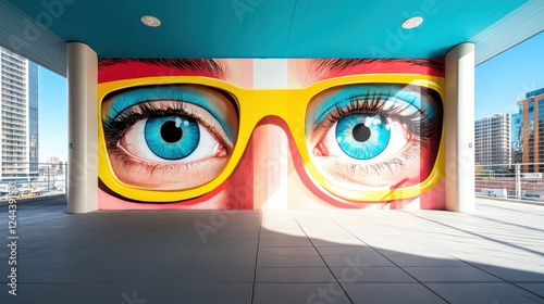 This striking street art mural showcases large, vibrant eyes behind bright glasses, merging artistic visual expression with themes of perception and observation. photo