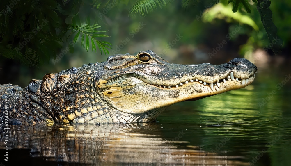 Obraz premium Majestic American Crocodile Glides through a Lush Tropical Rainforest River at Dawn, Majesty and Vibrancy in Every Scale