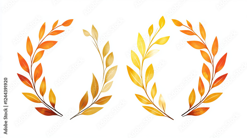 Heraldic gold laurel wreaths symbols for 25 anniversary and festive design with vintage leafy branches, arranged into circle frames with color gradation from golden to orange Heraldic gold laurel wreaths symbols for 25 anniversary and festive design with vintage leafy branches, arranged into circle frames with color gradation from golden to orange