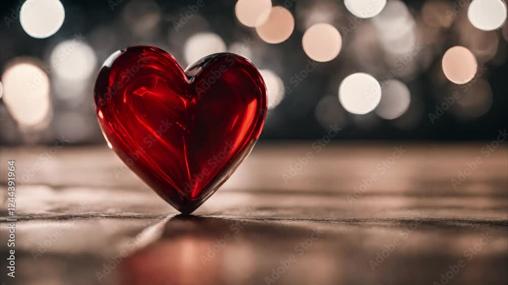 Red Glass Heart On A Wooden Surface With Blurred Lights Background Red Glass Heart On A Wooden Surface With Blurred Lights Background