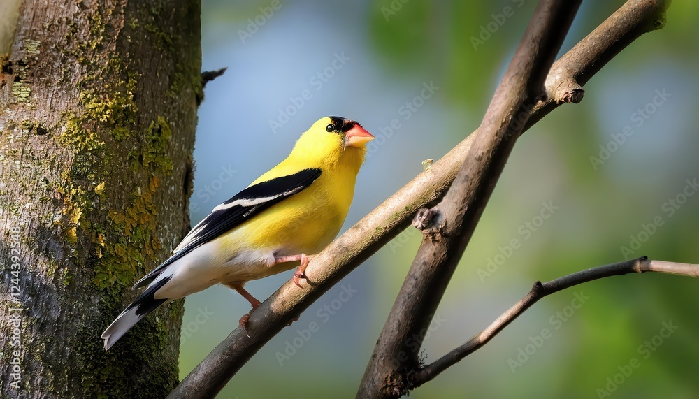 Vivid American Goldfinch in Full Feather Glory, Perched Majestically Amongst Winter Tree Branches Against A Frosty Backdrop at Vivid American Goldfinch in Full Feather Glory, Perched Majestically Amongst Winter Tree Branches Against A Frosty Backdrop at