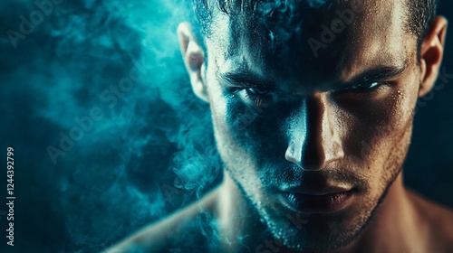 A striking close-up portrait of a man with dramatic lighting and intense expression, surrounded by swirling smoke, enhances the emotion and depth of the moment captured. photo