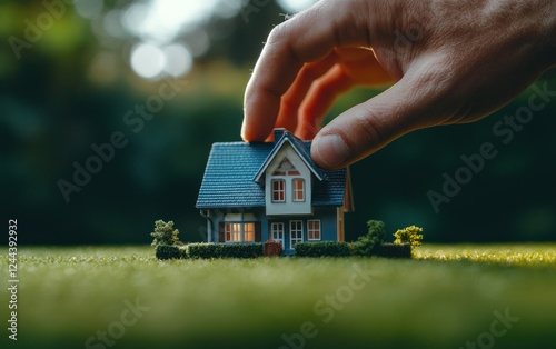Hand gently placing miniature house model on grass.