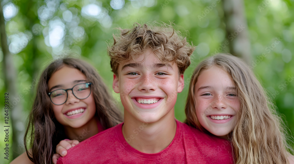 Happy teens smiling, forest background, friendship, summer camp Happy teens smiling, forest background, friendship, summer camp