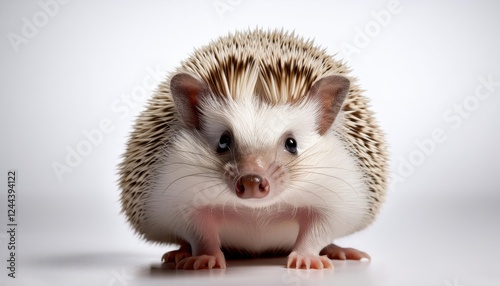 Enchanting African WhiteBellied Hedgehog Stands on White Background A Captivating Portrait of an Adorable Small Mammal against a Pure Backdrop, Perfect for Digital Art, Home Decor, or Design photo