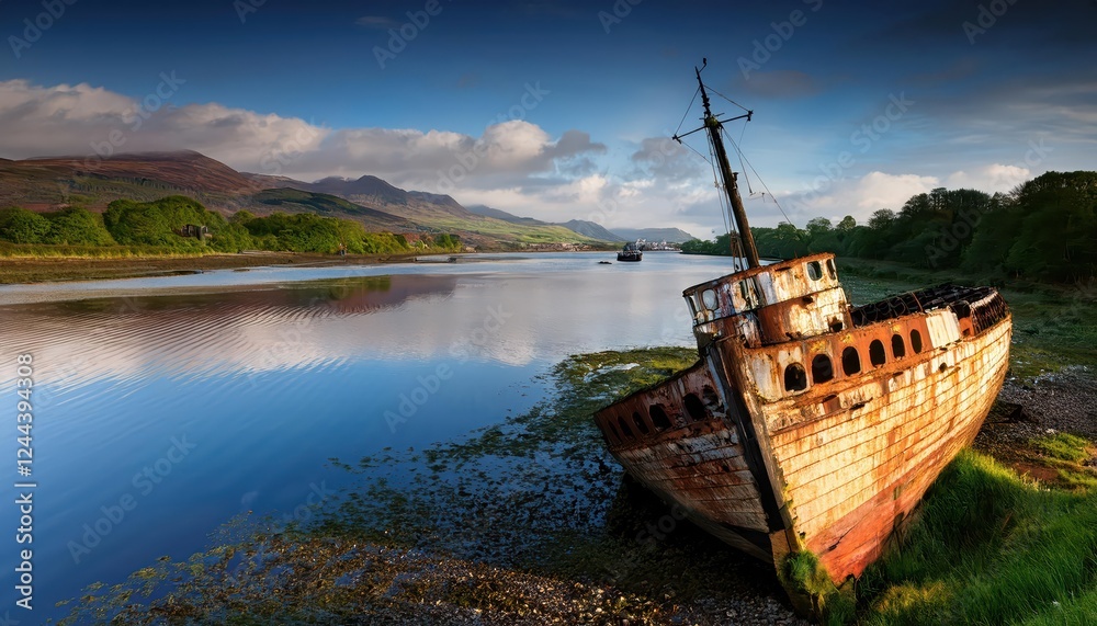 Hauntingly Beautiful Abandoned Shipwreck Against the Scottish Highlands Backdrop, Captured in Fading Light at Dusk Hauntingly Beautiful Abandoned Shipwreck Against the Scottish Highlands Backdrop, Captured in Fading Light at Dusk