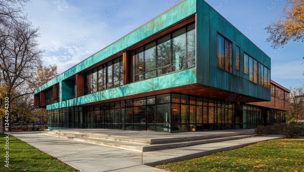 Fototapeta premium A sustainable glass office building, part of an eco city project, with trees for carbon dioxide mitigation