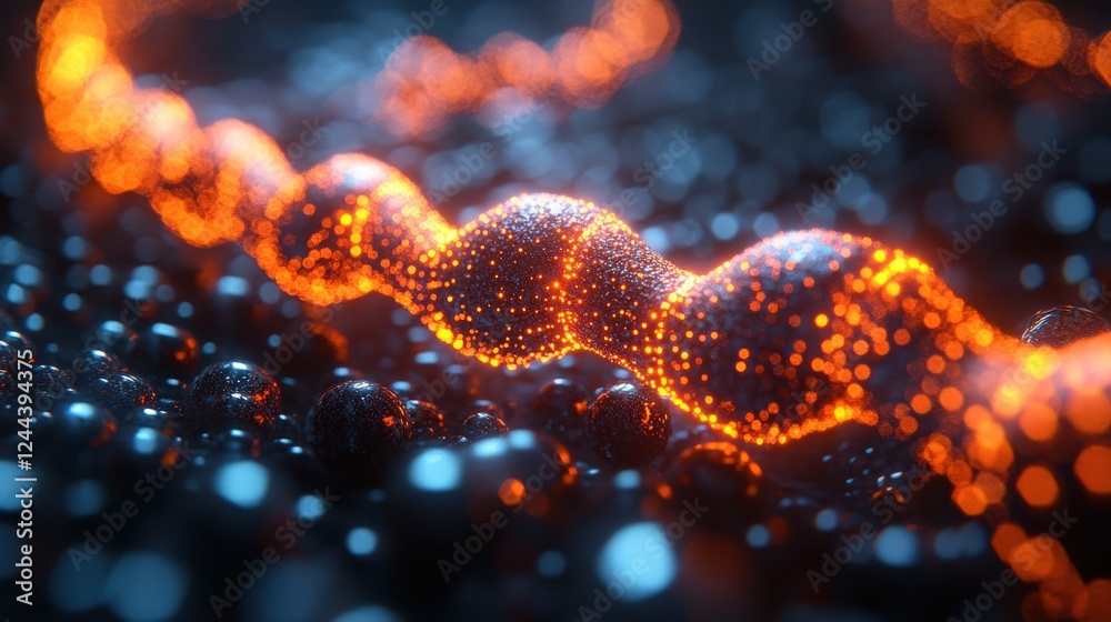 Abstract glowing wave of orange particles flowing over a dark textured surface in a digital landscape Abstract glowing wave of orange particles flowing over a dark textured surface in a digital landscape