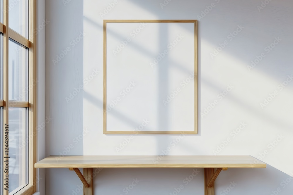 Fototapeta premium Sunlit frame mockup on white wall above wooden table by window display