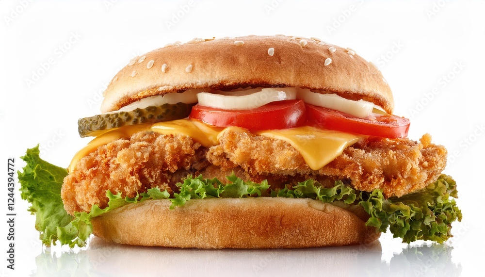 Delicious Fried Chicken Burger with Cheese, Tomato, Lettuce, and Pickles Delicious Fried Chicken Burger with Cheese, Tomato, Lettuce, and Pickles