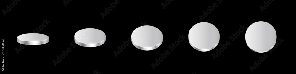 3d silver coins animation. Metal money rotation in different positions. Flip coins vector set isolated on black background. Payments, investment, banking, finance, casino, game icons. 3d silver coins animation. Metal money rotation in different positions. Flip coins vector set isolated on black background. Payments, investment, banking, finance, casino, game icons.