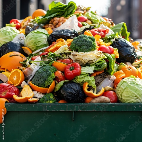 A landfill overflows with colorful heaps of food waste gathered from city areas under the afternoon sun. photo