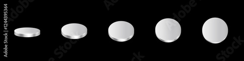 3d silver coins animation. Metal money rotation in different positions. Flip coins vector set isolated on black background. Payments, investment, banking, finance, casino, game icons.