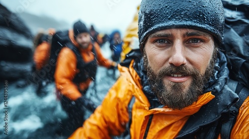 A bearded adventurer captures a selfie in a heavy rainstorm, illustrating the adventurous spirit and joy of documenting experiences in extreme conditions. photo