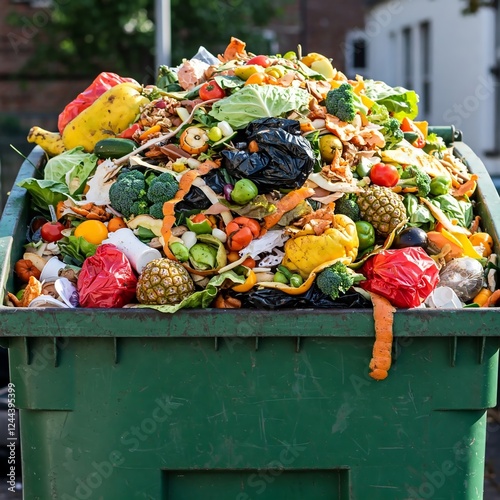 A landfill overflows with colorful heaps of food waste gathered from city areas under the afternoon sun. photo