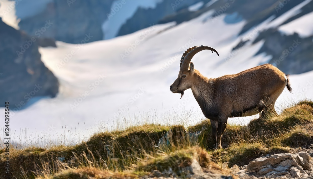 Majestic Alpine Ibex Grazing near Creux du Van at Dawn, Snowy Swiss Jura Mountains Bathed in Soft Morning Light Majestic Alpine Ibex Grazing near Creux du Van at Dawn, Snowy Swiss Jura Mountains Bathed in Soft Morning Light