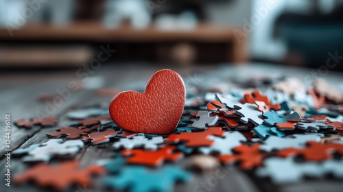 A red heart shaped piece stands out amidst a collection of colorful puzzle pieces, symbolizing love and connection in a playful and artistic arrangement. photo