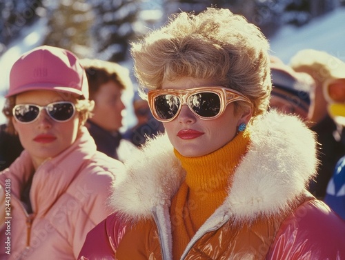 Retro Ski Fashion: Two stylish women in vibrant 80s ski attire, sporting big sunglasses and bold colors, exude confidence and chic on a snowy mountain backdrop.  