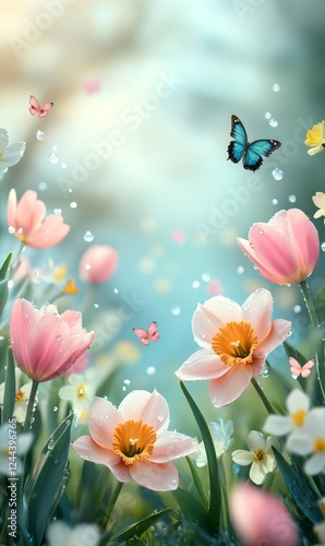 Beautiful spring flowers with raindrops and butterflies flying around in a colorful garden