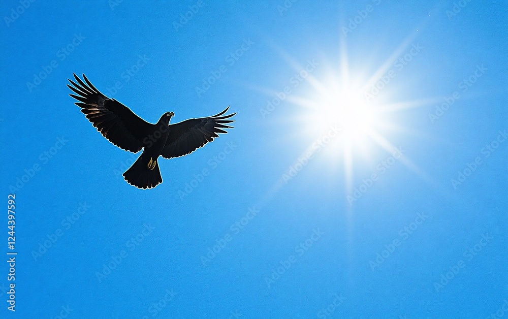 Fototapeta premium Eagle soaring, sunlit sky, freedom concept, nature background
