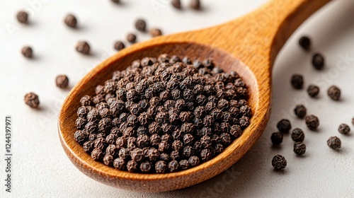 Wooden spoon holding peppercorns, scattered peppercorns on white surface photo