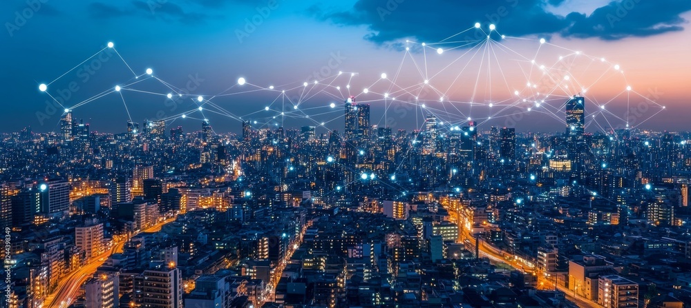 Obraz premium Vibrant Cityscape at Twilight Connections and Innovation in Modern Metropolitan Life.