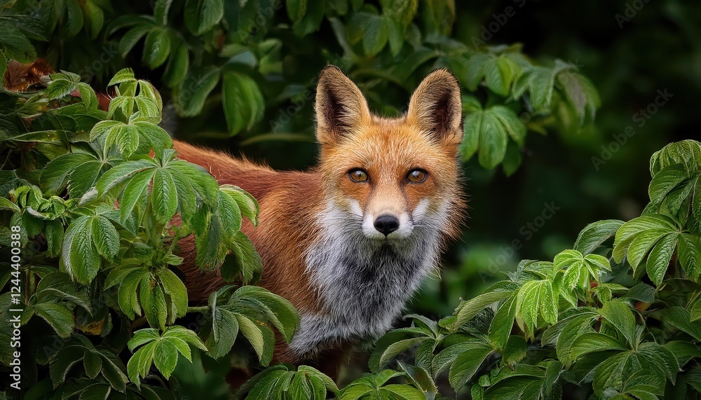 Naklejka premium Vibrant Cityscape Transformed by a Mysterious Urban Red Foxs Entrance from Lush Vegetation, Amidst the Deep Green Canopy of the Concrete Jungle