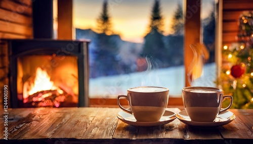 Cozy Winter Warmth by the Fireplace. Winter on background.