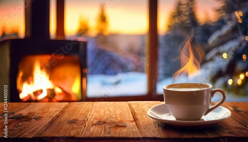 Cozy Winter Warmth by the Fireplace. Winter on background.